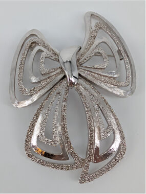 Vintage Monet SilverTone Bow Brooch Large Openwork Ribbon Statement Pin Brooched
